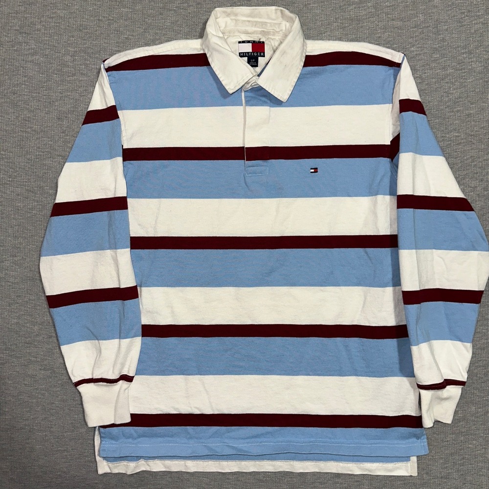 Tommy Hilfiger Long Sleeve Rugby Shirt Striped Blue White Burgundy Mens Small